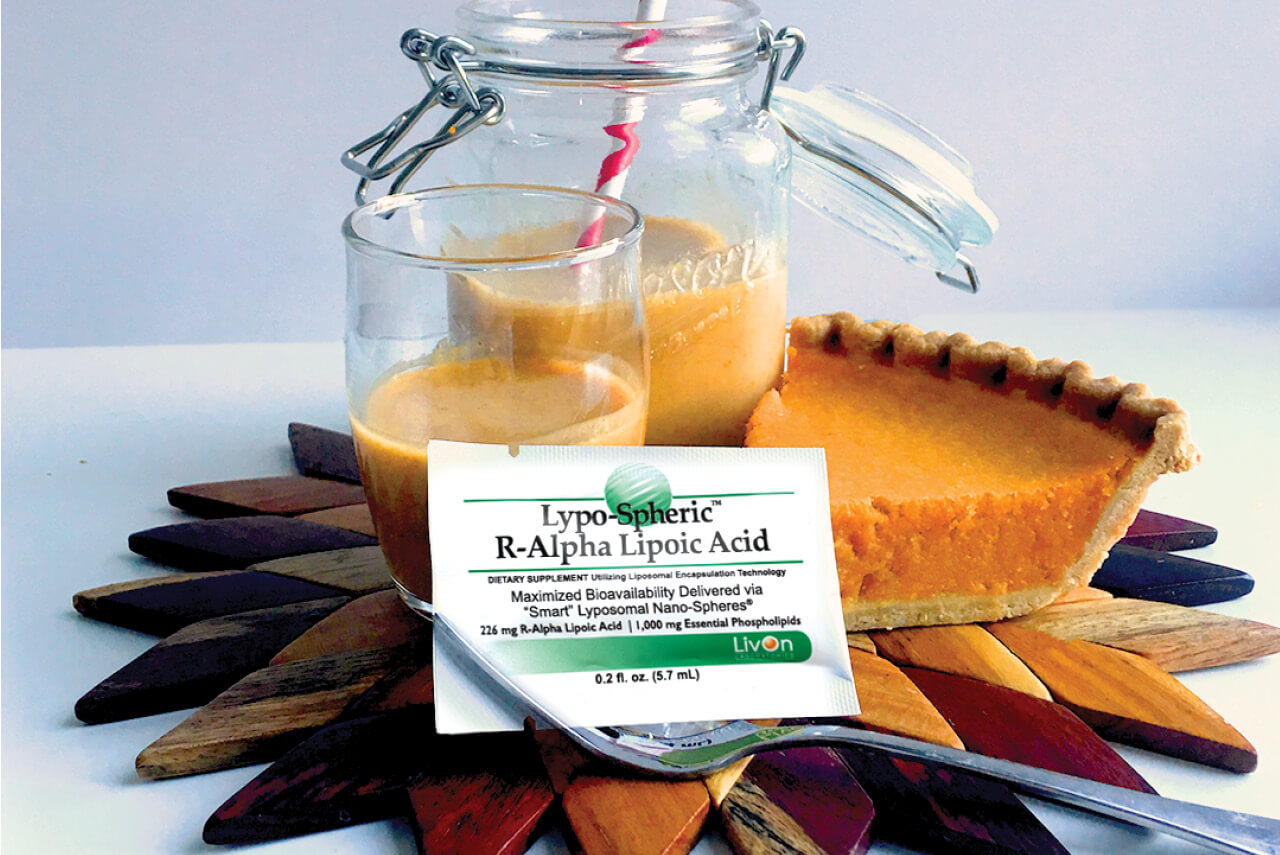 pumpkin pie shot with slice of pumpkin pie and lypo-spheric alpha lipoic acid