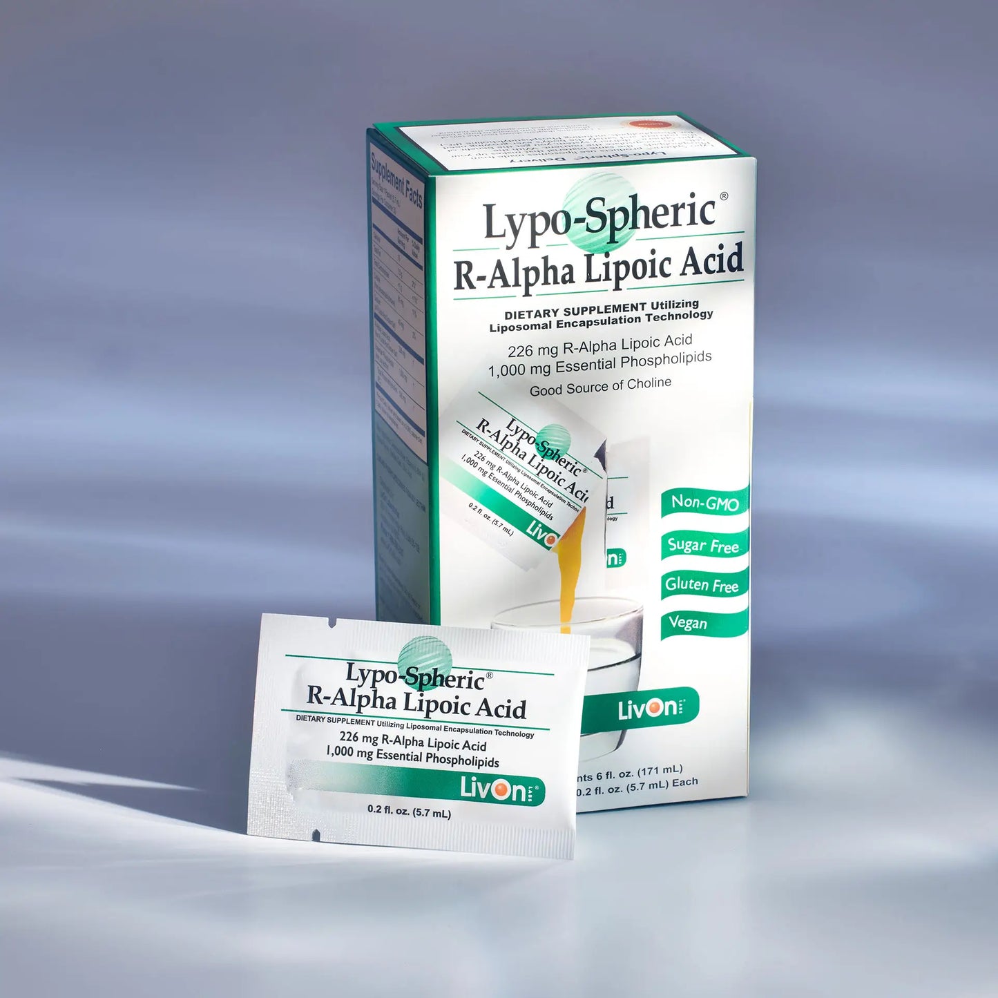 Lypo-Spheric® R-Alpha Lipoic Acid carton and packet