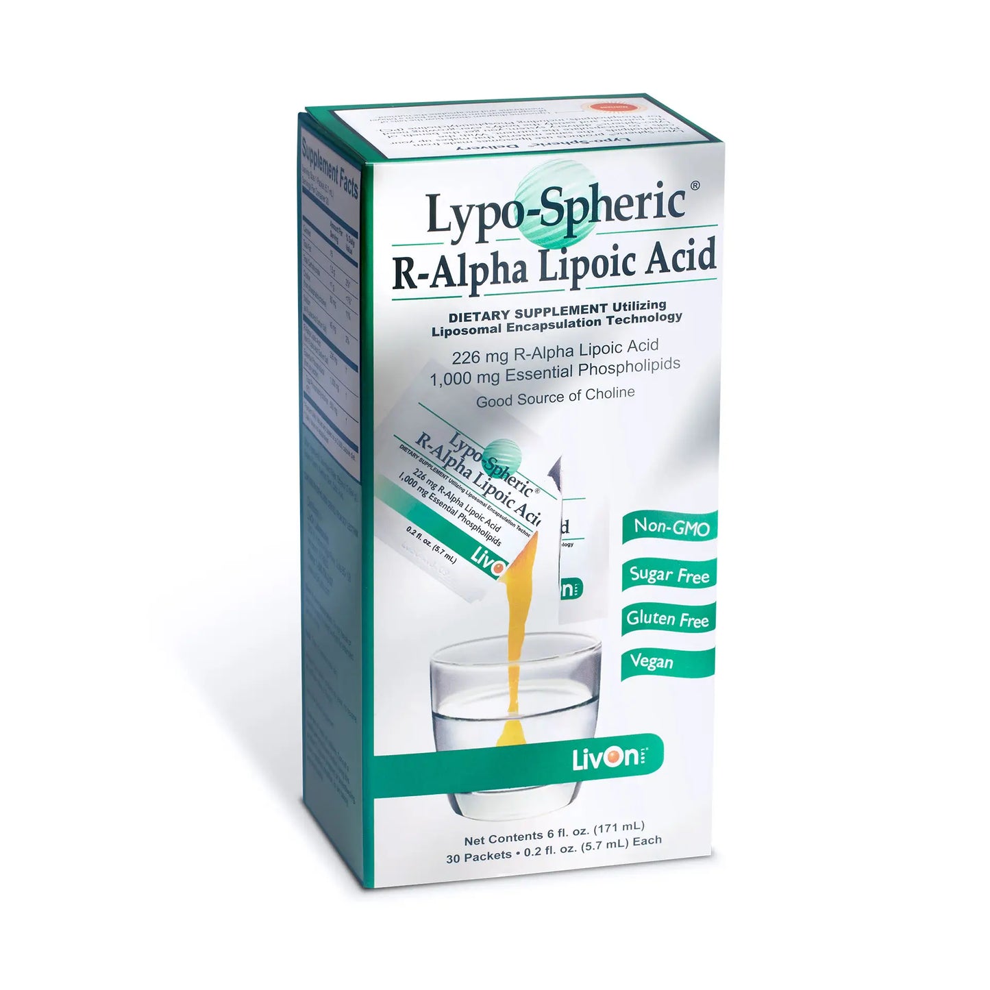 A box of Lypo-Spheric R-Alpha Lipoic Acid by LivOn Laboratories, with a graphic depicting a packet of the supplement being mixed into a beverage.