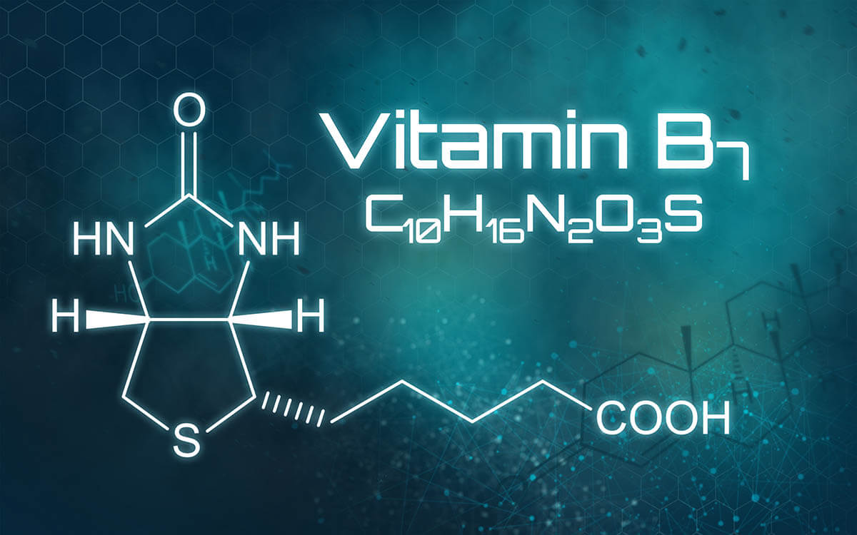 Chemical formula of Biotin, Vitamin B7, on a futuristic background