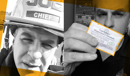 chief miller in fire helmet on left, chief miller holding lypo-spheric magnesium l-threonate packet on right