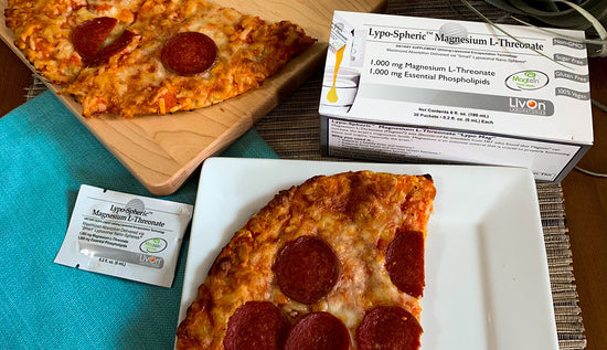 lypo-spheric magnesium l-threonate carton and packet with slices of cauliflower pizza to illustrate minerals and vitamins for gluten free living