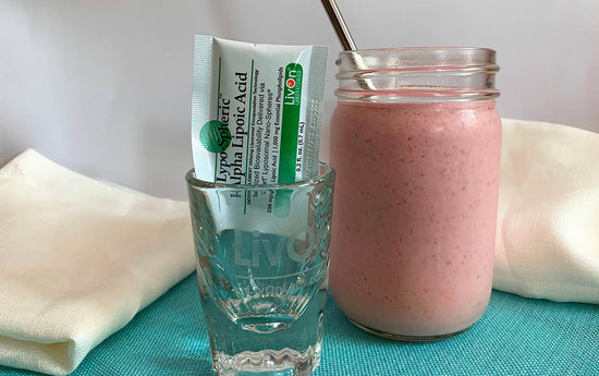 pre+post shake in mason jar with shot glass and lypo-spheric r-alpha lipoic acid