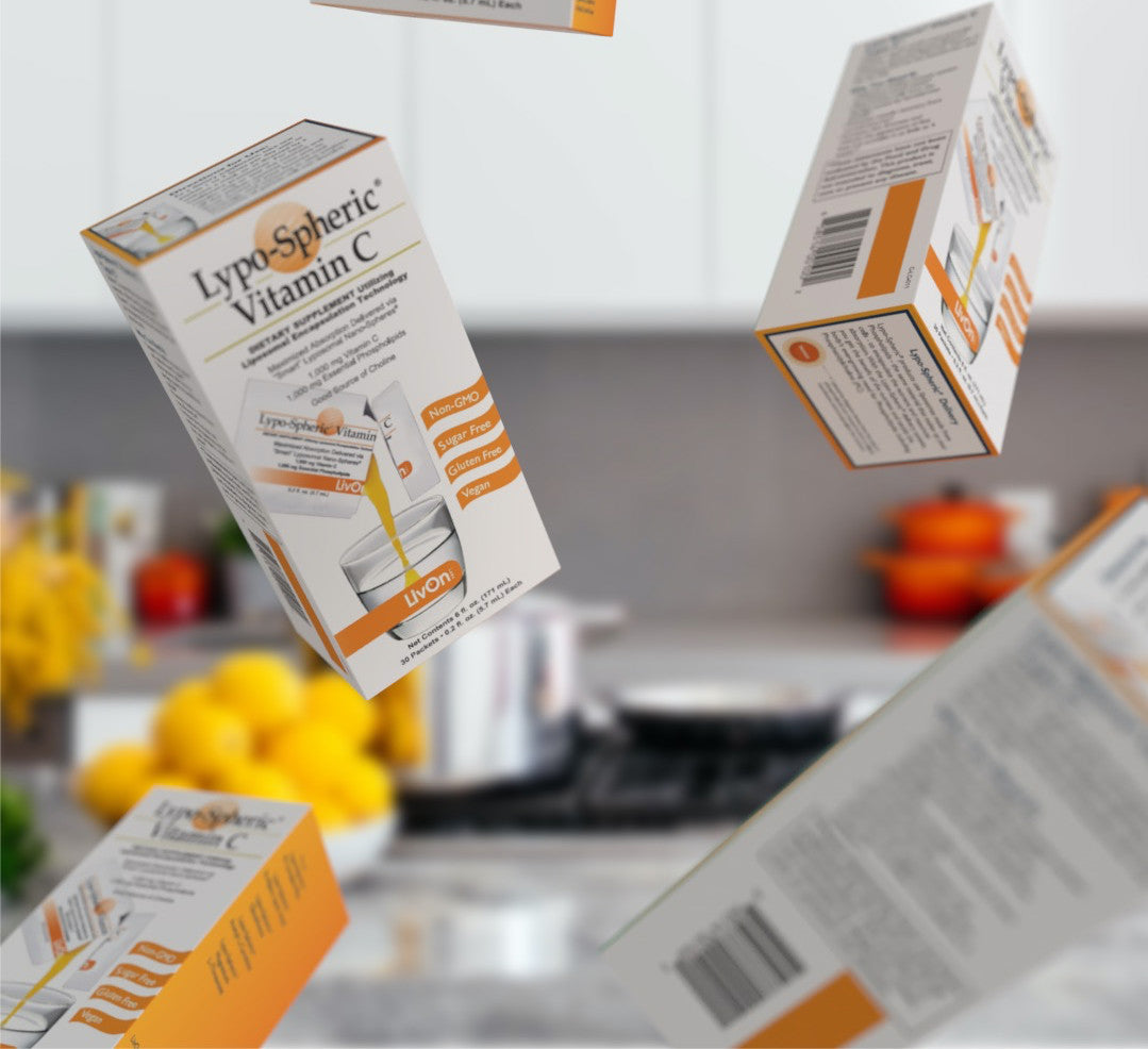 lypo-spheric vitamin c cartons flying through the air in the kitchen