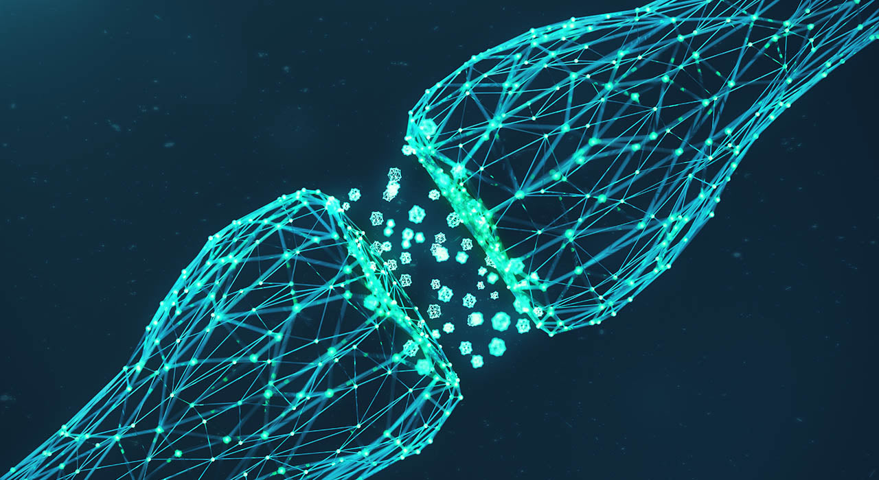 3D rendering blue glowing synapse. Synaptic transmission lines of pulses.