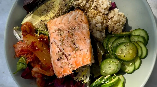 overhead photo of salmon kimchi bowl