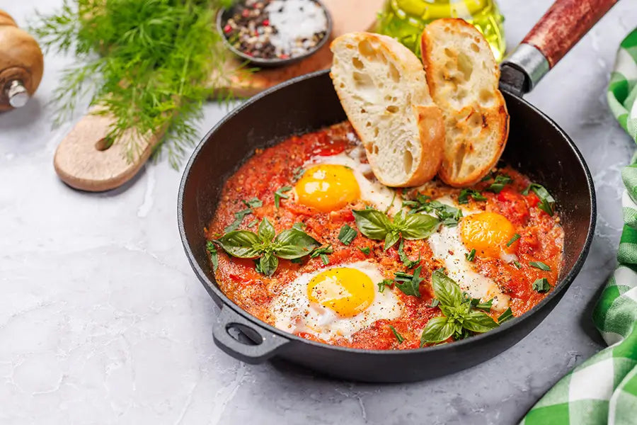 shakshuka in a cast iron skillet with bread slices on a kitchen table