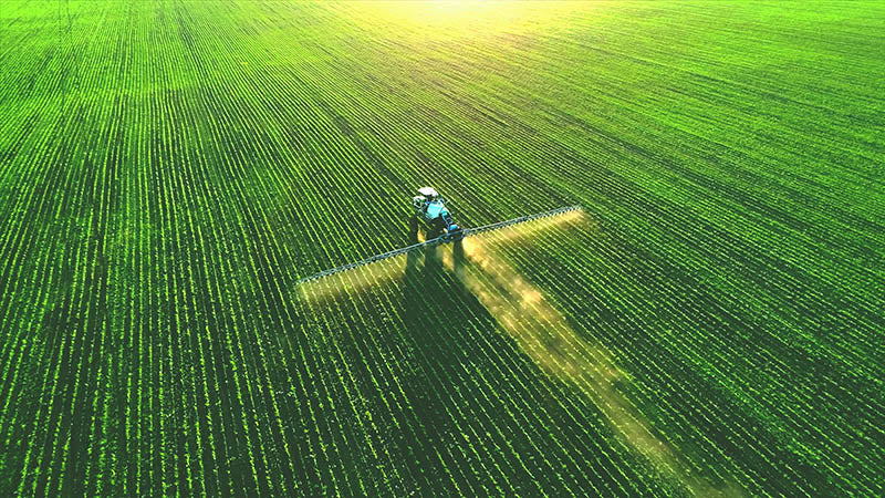 Tractor spraying pesticide on green field