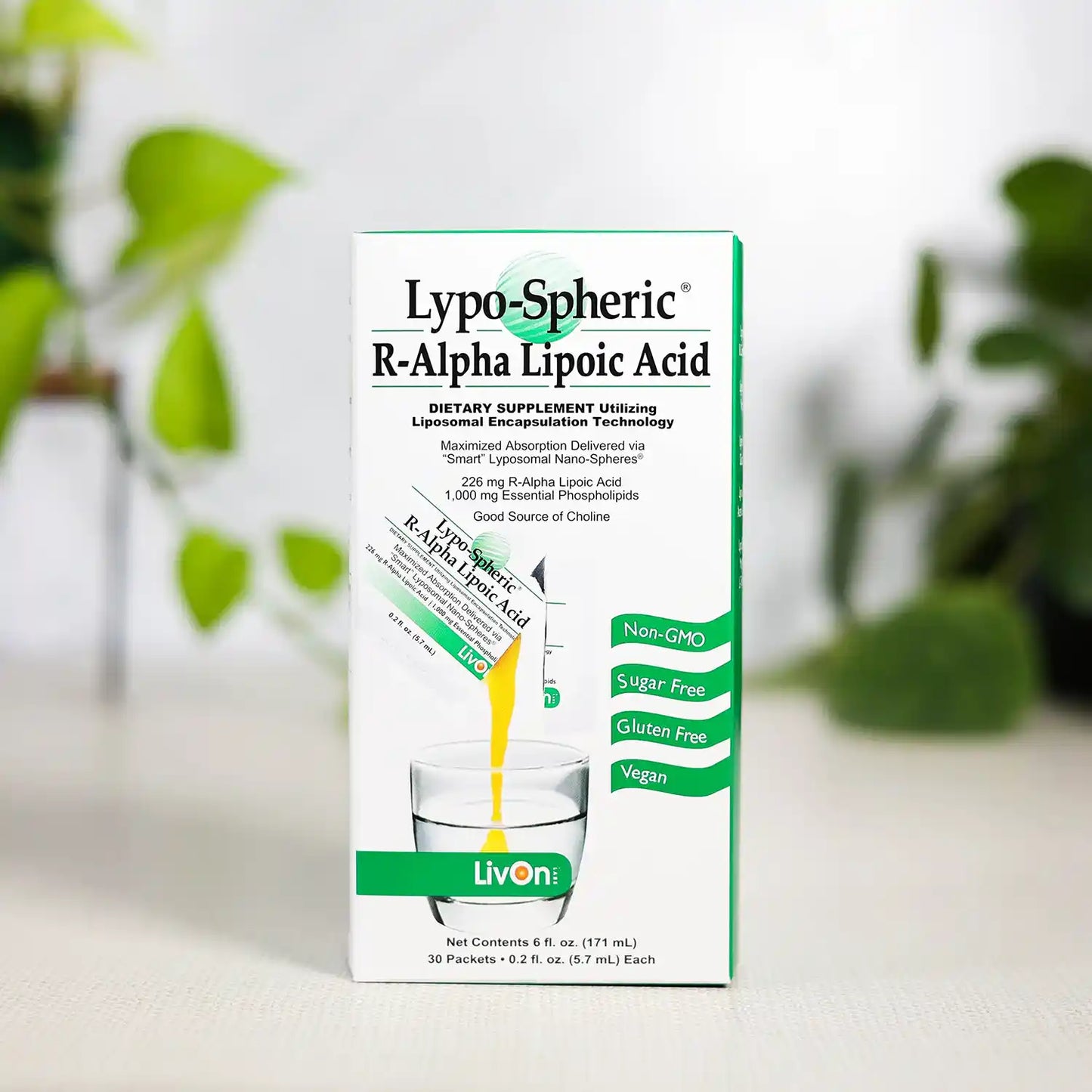 Lypo-Spheric R-Alpha Lipoic Acid carton with plants in background