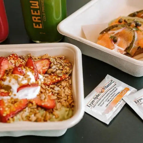 Erewhon food and packets of Lypo-Spheric Vitamin C