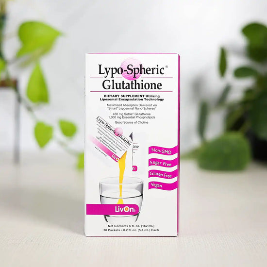 Lypo-Spheric Glutathione carton with plants in background