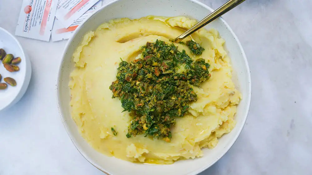 celery root mash with pistachio pistou and packets of lypo-spheric vitamin c